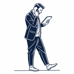 Businessman walking talking phone tablet digital device