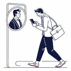Businessman using smartphone app for professional networking walking