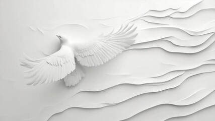 Elegant 3D animation of a white dove soaring across a textured white background - Powered by Adobe