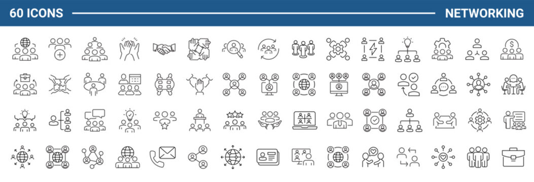 Networking Web Icon Set in Line Style. Collection of Social Network Linear Icons, Including community, business people, community, network, relationship, online networking and More. Editable Stroke - Powered by Adobe
