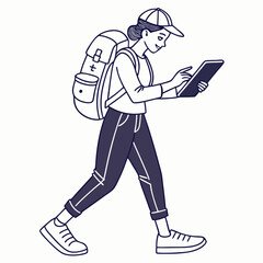 Young woman backpacker walking using tablet digital nomad travel