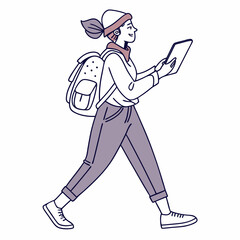 Young woman walking using tablet backpack travel