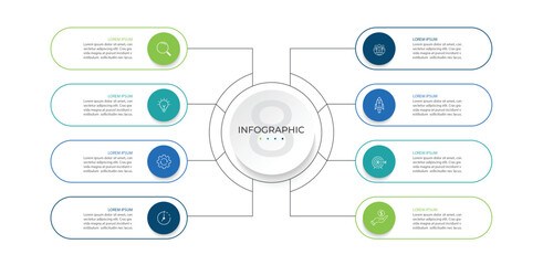 Vector infographic label design with circle infographic template design and 8 options or steps. Can be used for process diagrams, presentations, workflows