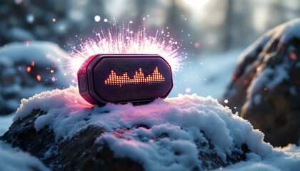 High-resolution Bluetooth speaker emitting vibrant soundwaves and holographic equalizer bars, rendered with photorealistic lighting and metallic textures .