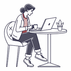 Woman working on laptop at cafe table with coffee