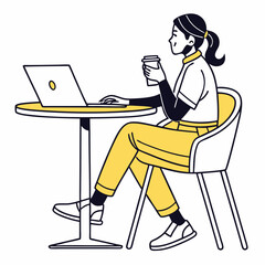 Woman working on laptop at cafe drinking coffee