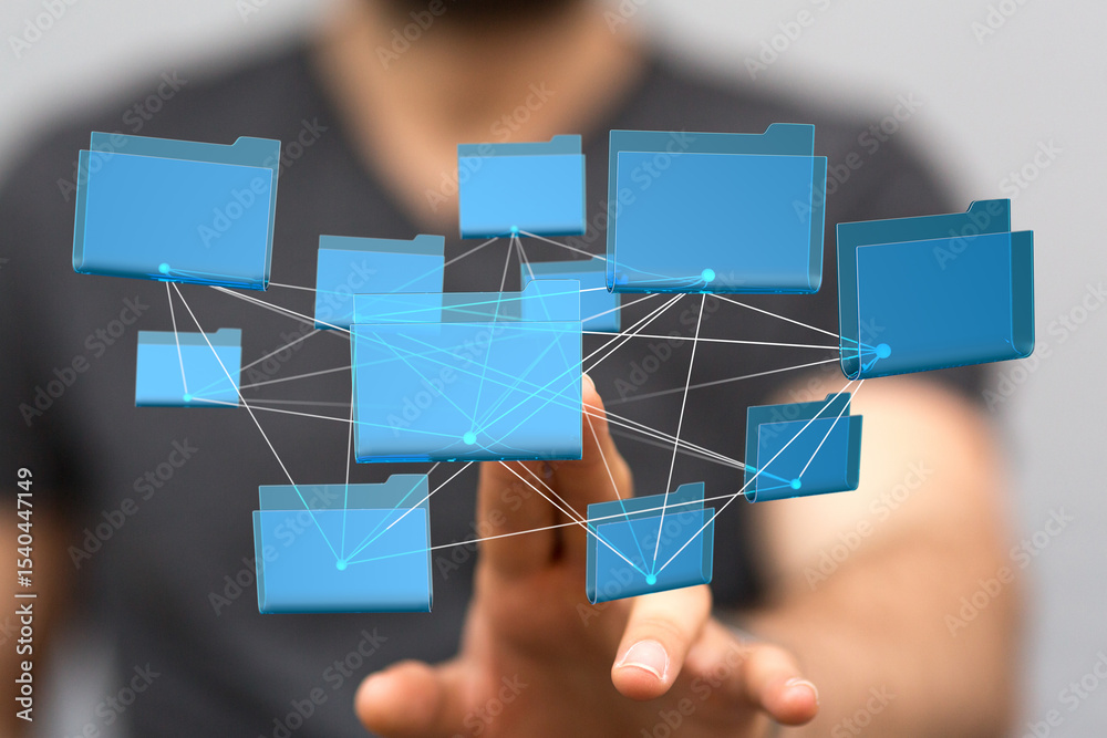 Poster visual representation of data sharing, collaboration, and network connectivity.