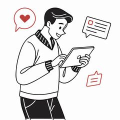 Man using tablet receiving likes and messages online