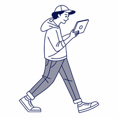 Young man walking using tablet digital device technology