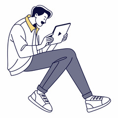 Young man sitting floor using tablet watching video