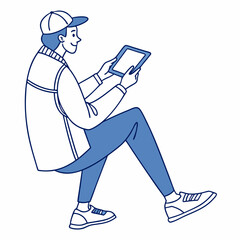 Young man sitting using tablet digital device technology