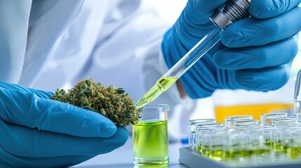 Scientist analyzing medical cannabis in laboratory using a pipette