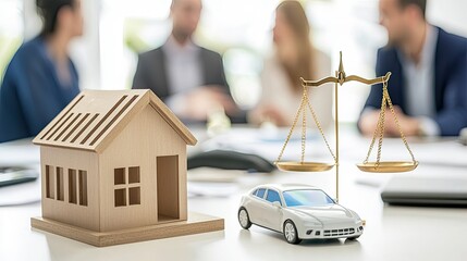 House and car model with scale and lawyers discussing in background