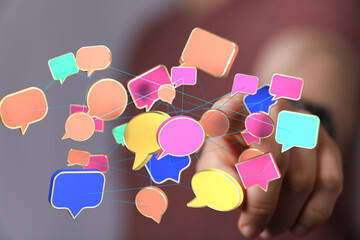 Abstract image of interconnected speech bubbles. Represents communication, networking, and social...