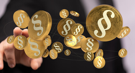 Abstract image of golden paragraph symbols floating, representing legal concepts and regulations.