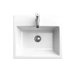 Overhead view of a modern white rectangular bathroom sink with chrome faucet