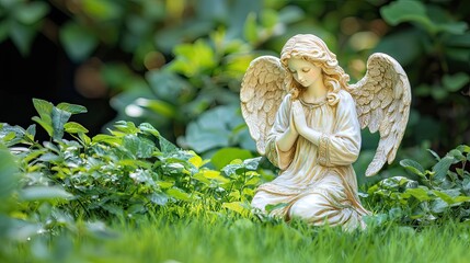 Angel statue kneeling and praying in a garden