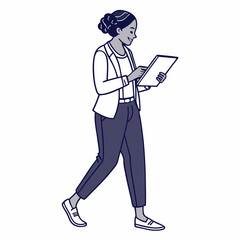 Woman walking using tablet digital device modern technology