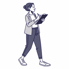 Young woman walking while writing on clipboard business professional