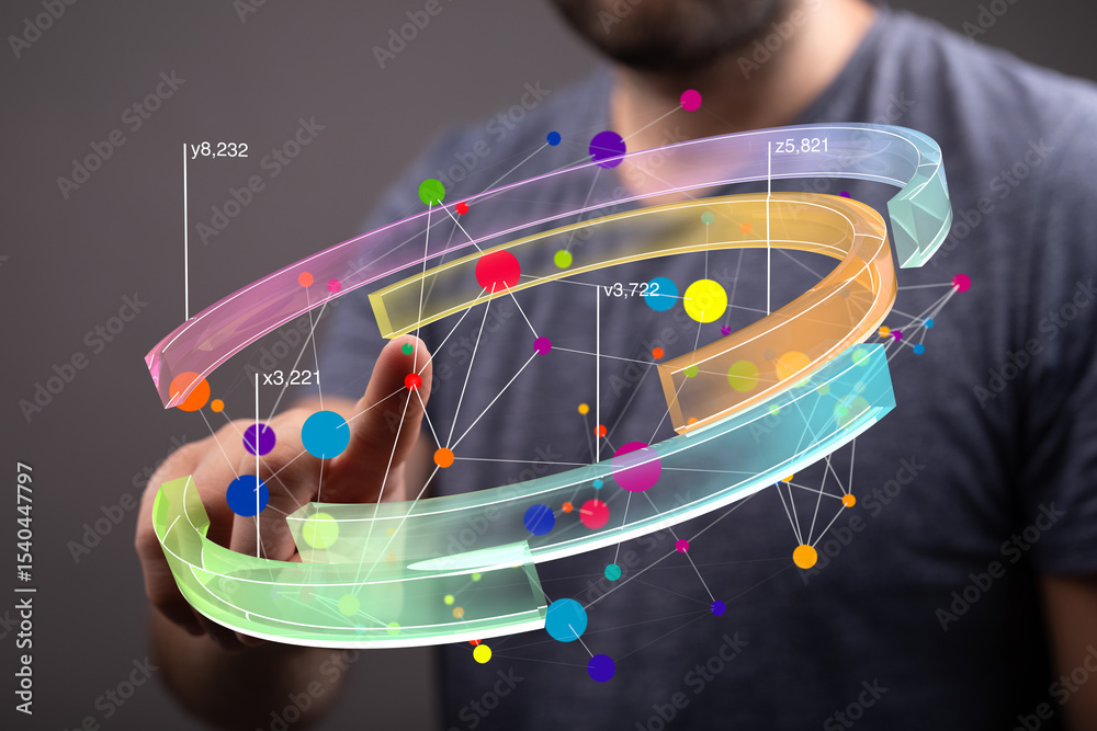 Aufkleber Abstract image of a person interacting with a colorful 3D data visualization.