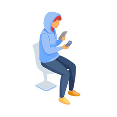 Person in hoodie sitting and using two phones on white background