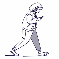 Person walking while using smartphone hooded jacket