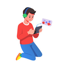 Boy gamer kneeling playing mobile game with headphones on white background