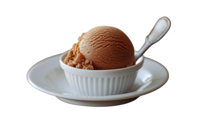 Creamy chocolate ice cream scoop in a white ramekin with spoon tempting dessert lovers transparent background