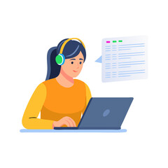 Woman with headphones working on laptop with transparent background