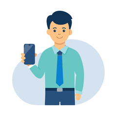 Professional businessman holding smartphone transparent background