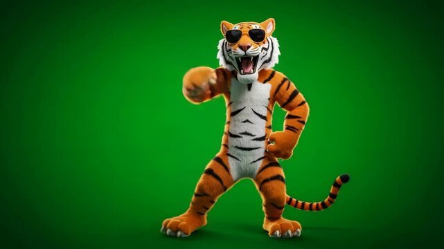 Cool Tiger Cartoon Character on Green Screen - A 3D video cartoon tiger wearing sunglasses stands confidently against a bright green background.