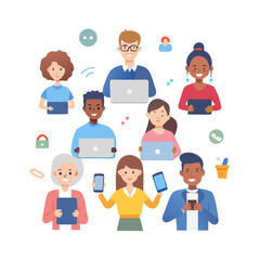 Diverse team collaboration digital devices professional illustration