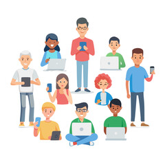 Diverse group of people using laptops smartphones tablets on white background
