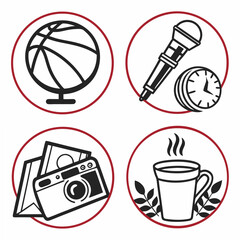 Professional icons set globe microphone camera coffee cup on white background