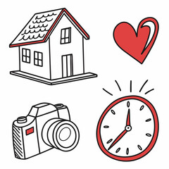 House heart camera clock doodle illustration home sweet home