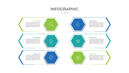 Infographic design template with 6  options, steps or processes. Can be used for workflow layout, diagram, annual report, web design