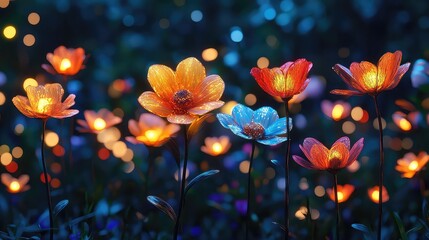 A whimsical night garden with vibrant flowers illuminated by glowing lights against a dreamy dark backdrop. 