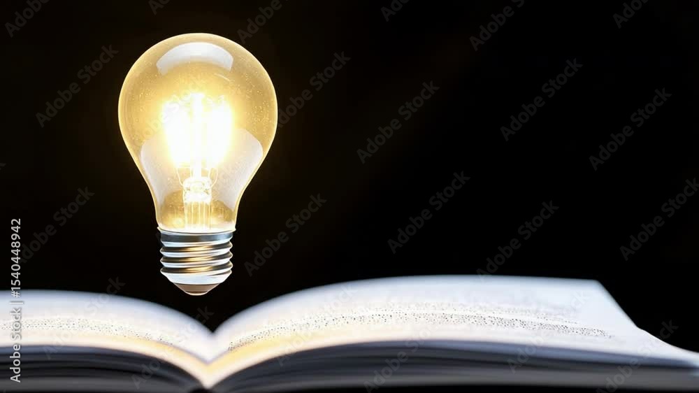 Poster illuminating insights: a bright, glowing light bulb hovers above an open book, symbolizing enlighten