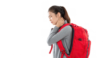 Young asian woman wearing a gray sweater and carrying a red backpack, experiencing discomfort from neck pain against a transparent background, highlighting the challenges of travel and strain