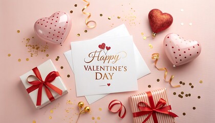 happy valentines day card with gift box and ribbon