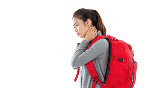 Young asian woman wearing a gray sweater and carrying a red backpack, experiencing discomfort from neck pain against a transparent background, highlighting the challenges of travel and strain
