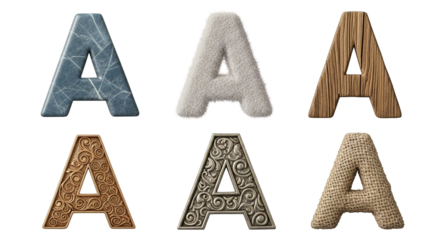 Alphabet letter a design elements in different textures and styles creative font typography resource on transparent background