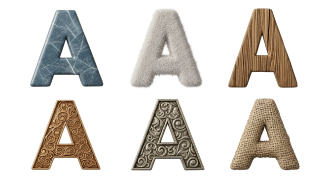 Alphabet letter a design elements in different textures and styles creative font typography resource on transparent background