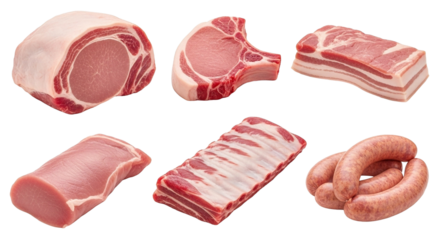Selection of raw pork meat cuts for grilling and cooking barbecue ribs bacon sausage chop loin roast on transparent background