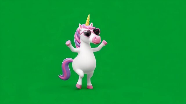 Happy Unicorn Dancing on Green Screen - A cheerful 3D-video unicorn, wearing heart-shaped sunglasses, joyfully dances against a vibrant green screen background.