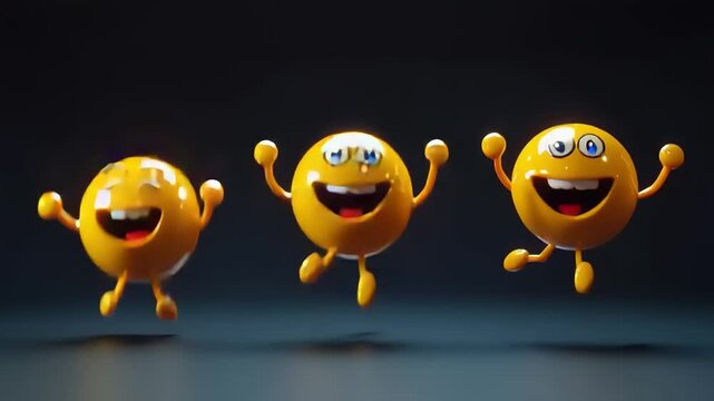 Three cheerful emoji characters jumping joyfully against a dark background, conveying happiness