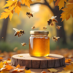 A jar of honey with bees flying around on a wooden platform, autumn leaves and trees in the background