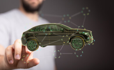 Futuristic vehicle design, digital car model, innovative auto tech.