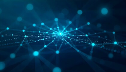 High-resolution digital tech background featuring interconnected nodes and data streams in vibrant cyan and dark navy, perfect for AI and innovation branding 