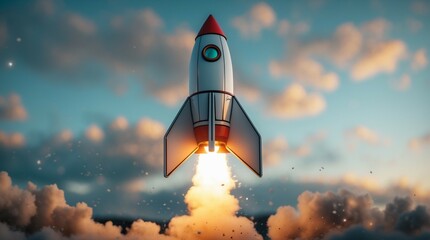 Rocket Launching into Cloudy Sky Spacecraft Taking Off